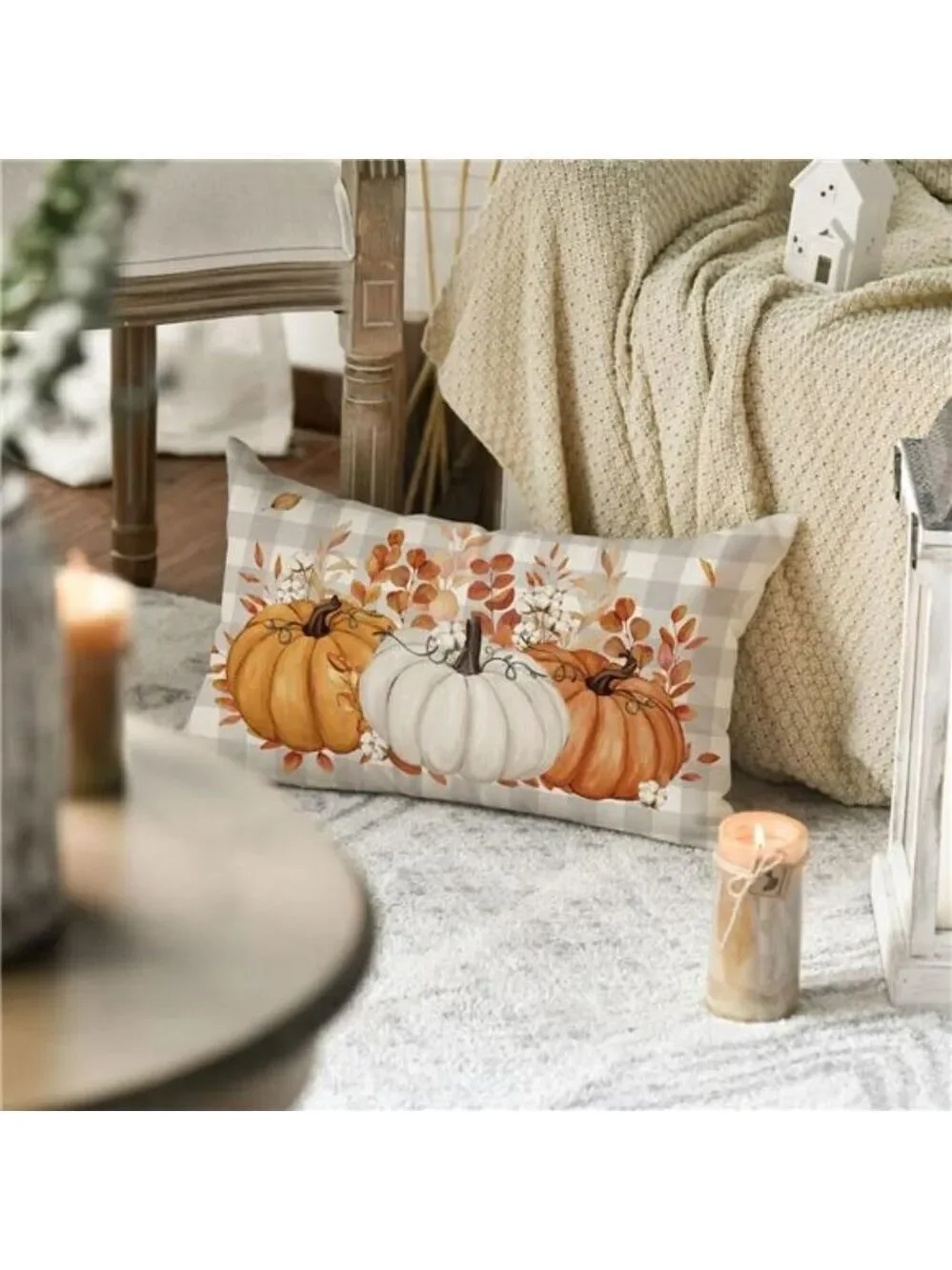 Pumpkin Buffalo Plaid Fall Throw Pillow Cover 12x20 Autumn Thanksgiving Decor